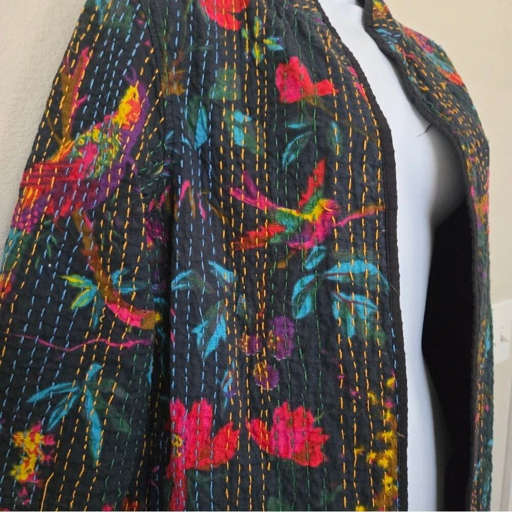 Bohemian Floral Birds Cotton Black Long Jacket Size Small - Picture 2 of 14
